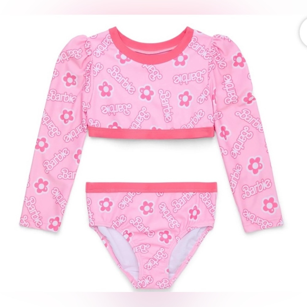 NWT Toddler Girls Barbie 2 Piece Swimsuit Pink Logo Long Sleeve Bikini Set‎ 2T
